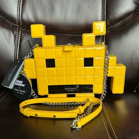 NWT Kate ♠️ Spade special edition SPACE INVADERS Yellow Pixelated Handbag - Picture 7 of 16